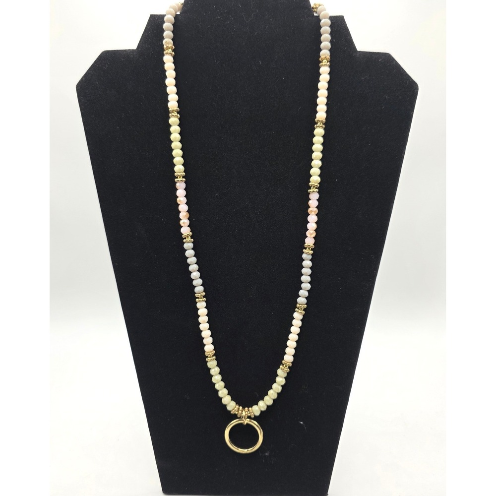 Pastel Beaded Necklace Gold Tone Ring Pendant‎ Faceted Glass Crystals 25 Inch